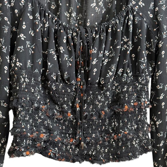 Free People Boho Floral Babydoll Smocked Crop Blouse Black Small Cottagecore - Picture 3 of 6